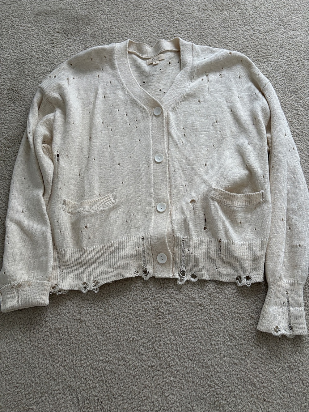 Elan Cream Distressed Button Front Cardigan